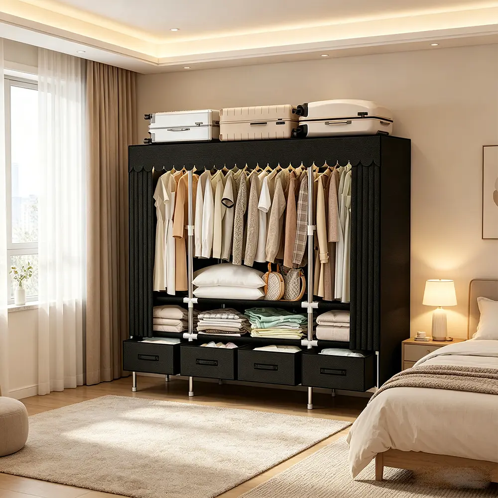Large Capacity Portable Fabric Closet, Heavy-Duty Thickened Metal Tube Frame with 4 Fabric Drawers, Dual Hanging Rods for Long & Short Clothes, Dustproof Scalloped Curtain Cover, Easy Single-Person Assembly, Wardrobe for Apartments & Rental Bedrooms