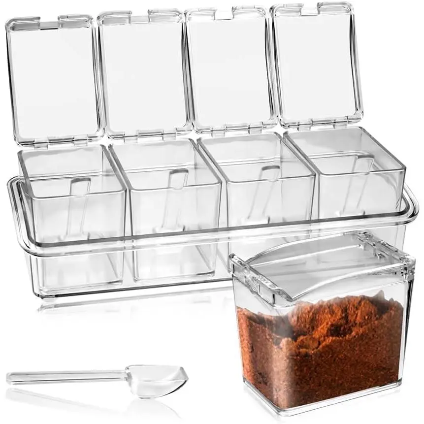 Clear Seasoning Box, 4 count Seasoning Rack  Pots | Storage Container Condiment Jars  with Cover and Spoon for Sugar Salt Cardamon Cinnamon   ( Clear)