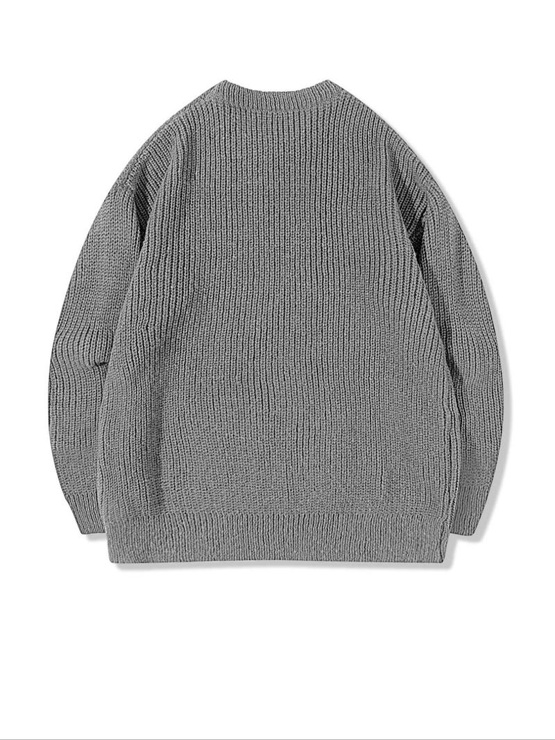 Men's Solid Drop-Shoulder Cable-Knit Sweater, Loose Casual Long-Sleeve Round-Neck Jumper for Fall & Winter, Fashion Knitwear for Daily Wear