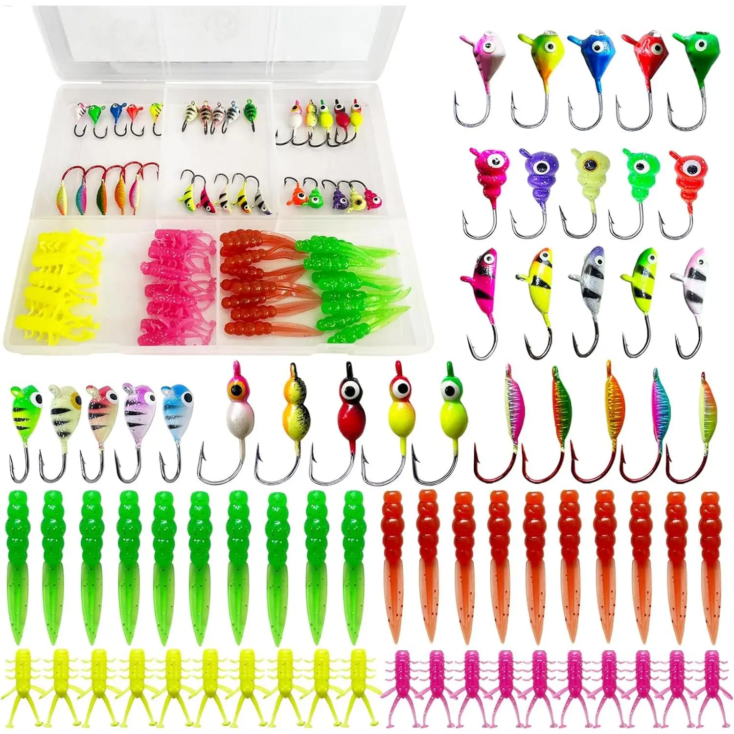 Ice Fishing Jigs Kit Luminous Ice Fishing Lures Soft Plastic Baits Crappie Jig Heads Ice Fishing Gear for Crappie Panfish Walleye Ice Fishing 70 count