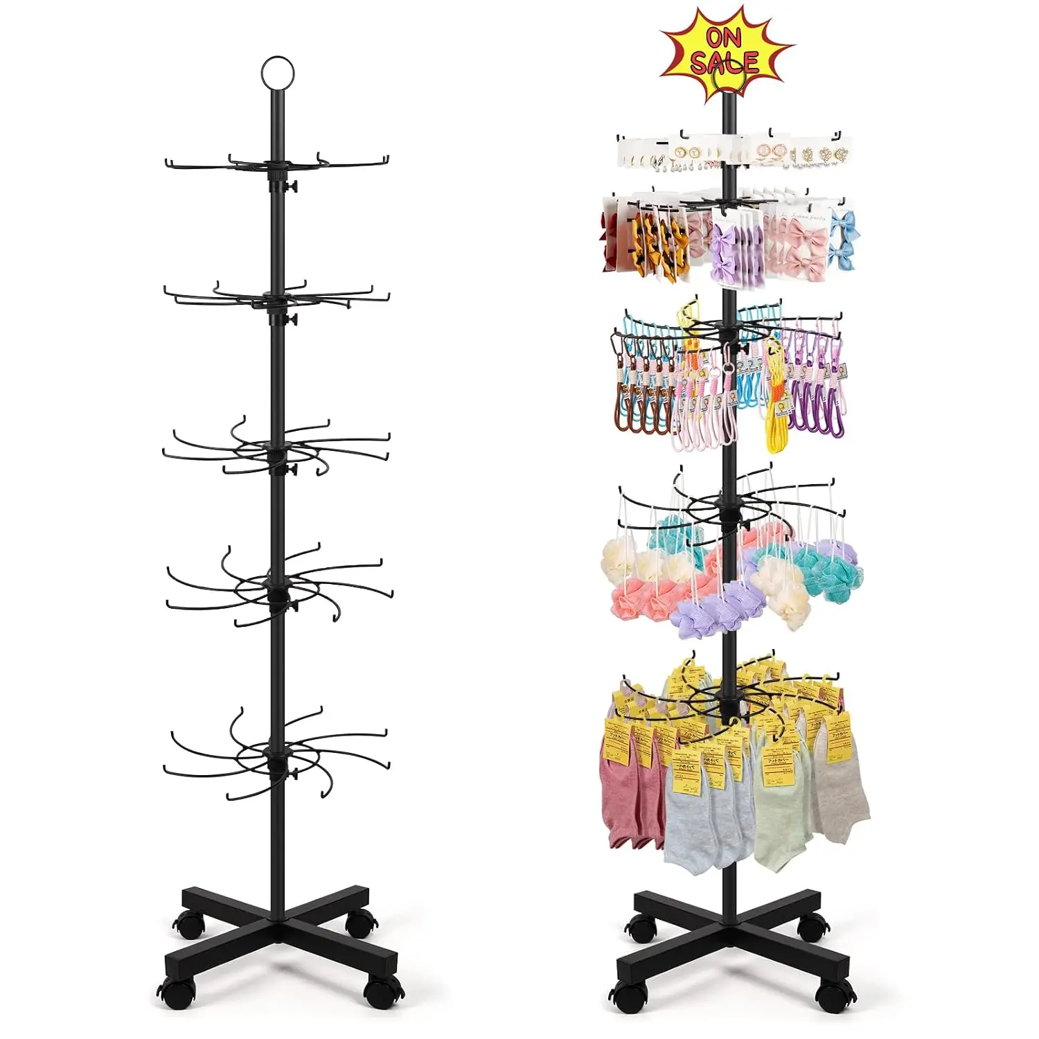 Retail Display Stand, 5-Tier Rotating Display Rack for Store Display, Movable and Adjustable Spinning Display Stand for Earrings, , Keychains, Socks Display (Black)