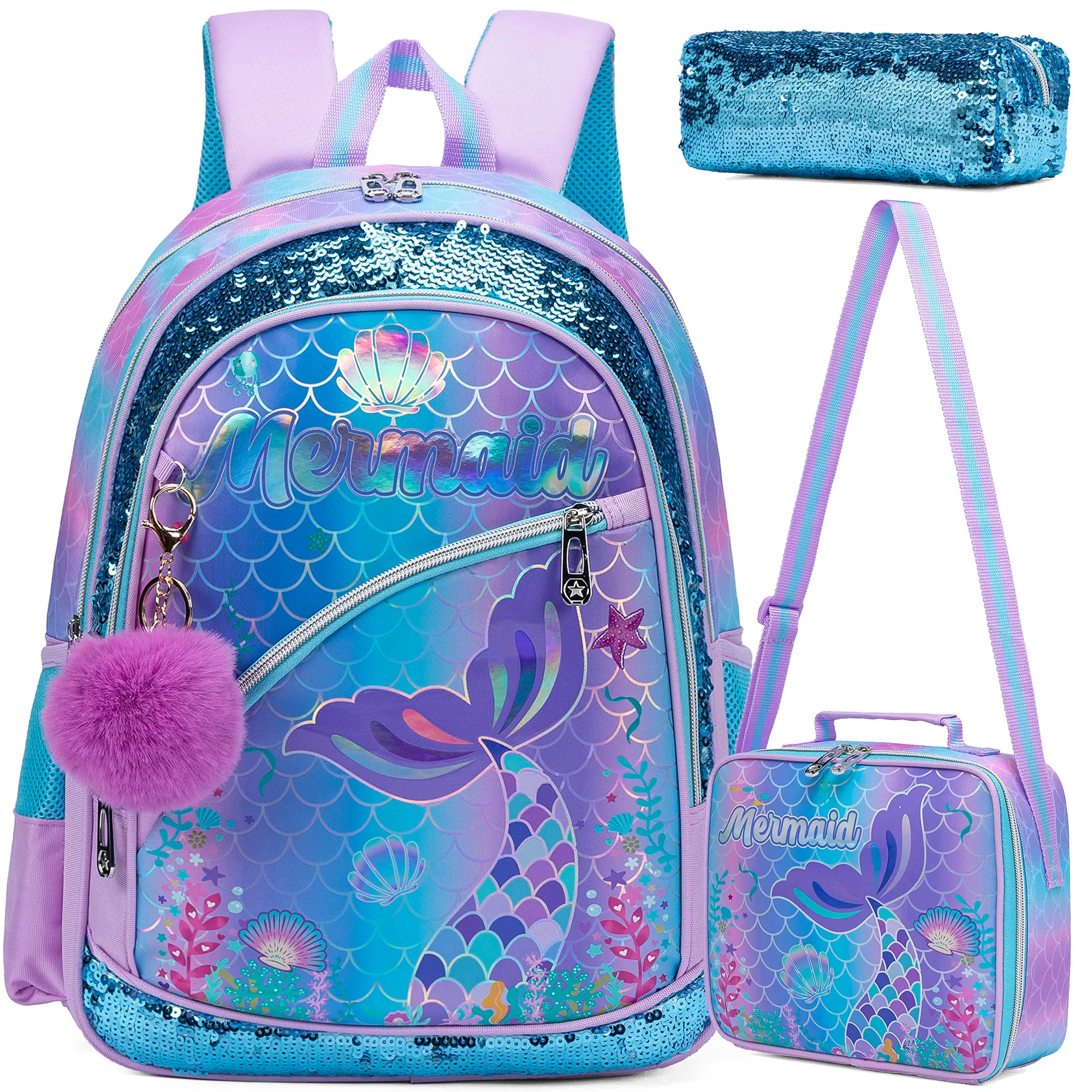Mermaid Tail Backpack 3pcs Set for Girls | Sequin Sparkle Fish Scales School Bag with Lunch Box & Pencil Case | Purple Blue Holographic Kids Bookbag 2026