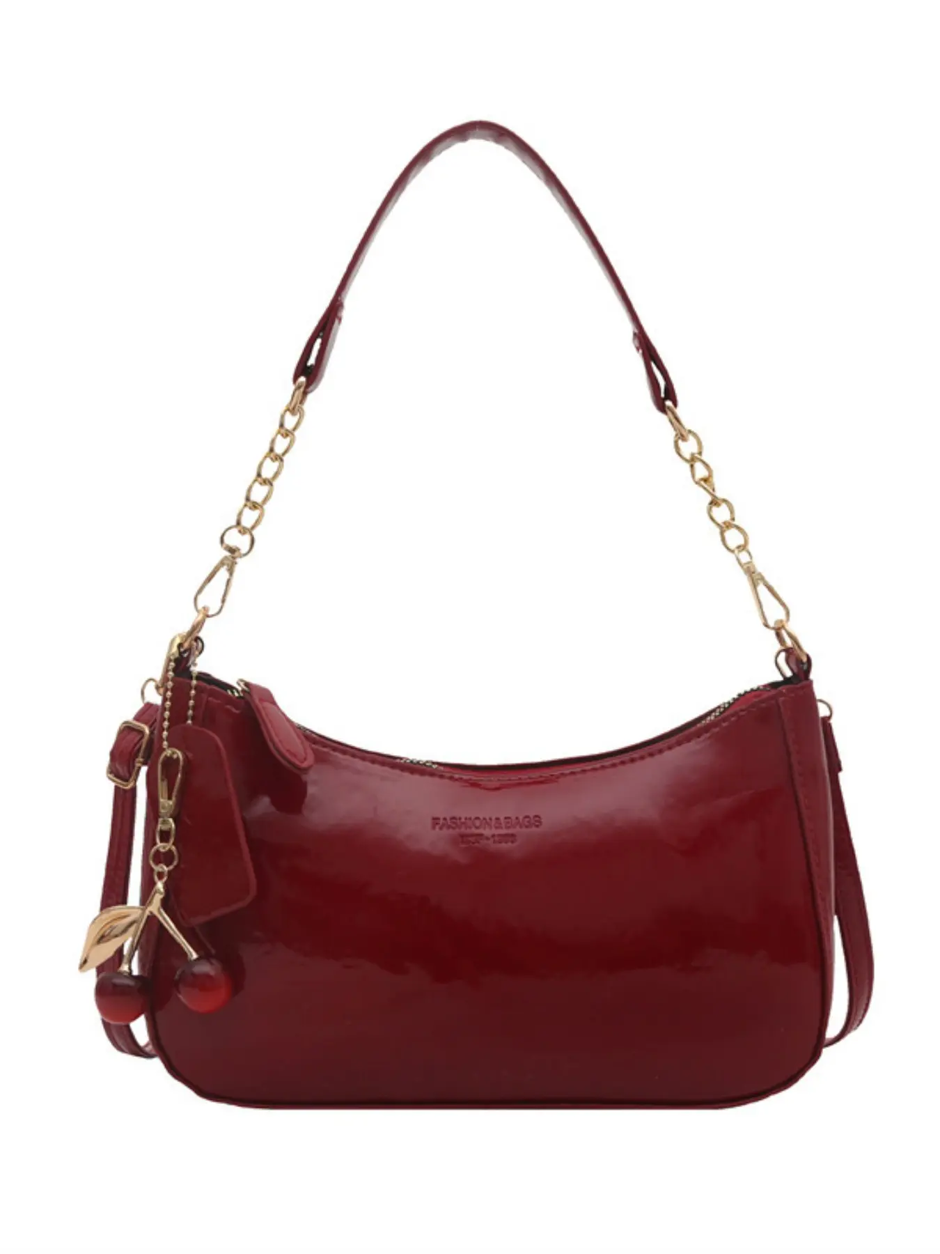 Women's Glossy Chain Crossbody Bag, Cherry Charm Design, Vintage Y2K Zipper Shoulder Handbag, Casual All-Season Messenger Bag