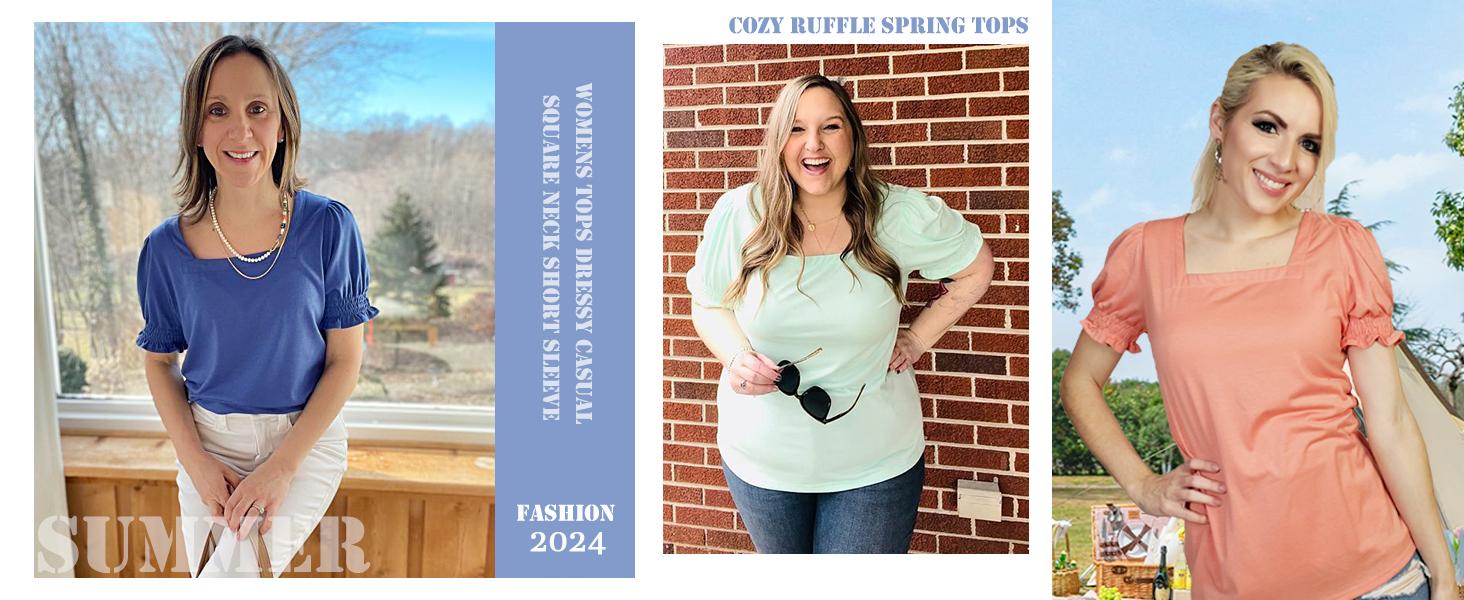 WIHOLL Tops for Women Summer Casual Ruffle Trim Sleeve Square Neck T Shirts WIHOLL Tops for Women Summer Casual Ruffle Trim Sleeve Square Neck T Shirts