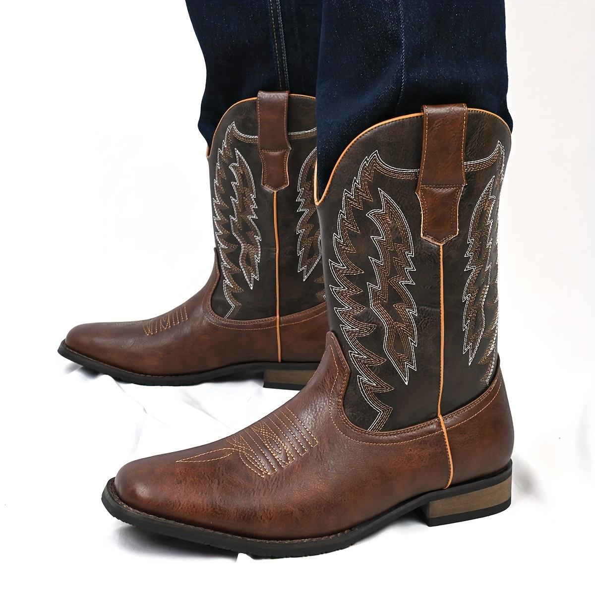Men's Square Toe Roper Boots, Western Cowboy Boots Embroidered Mid-Calf Roper Boots Walking Shoes Footwear
