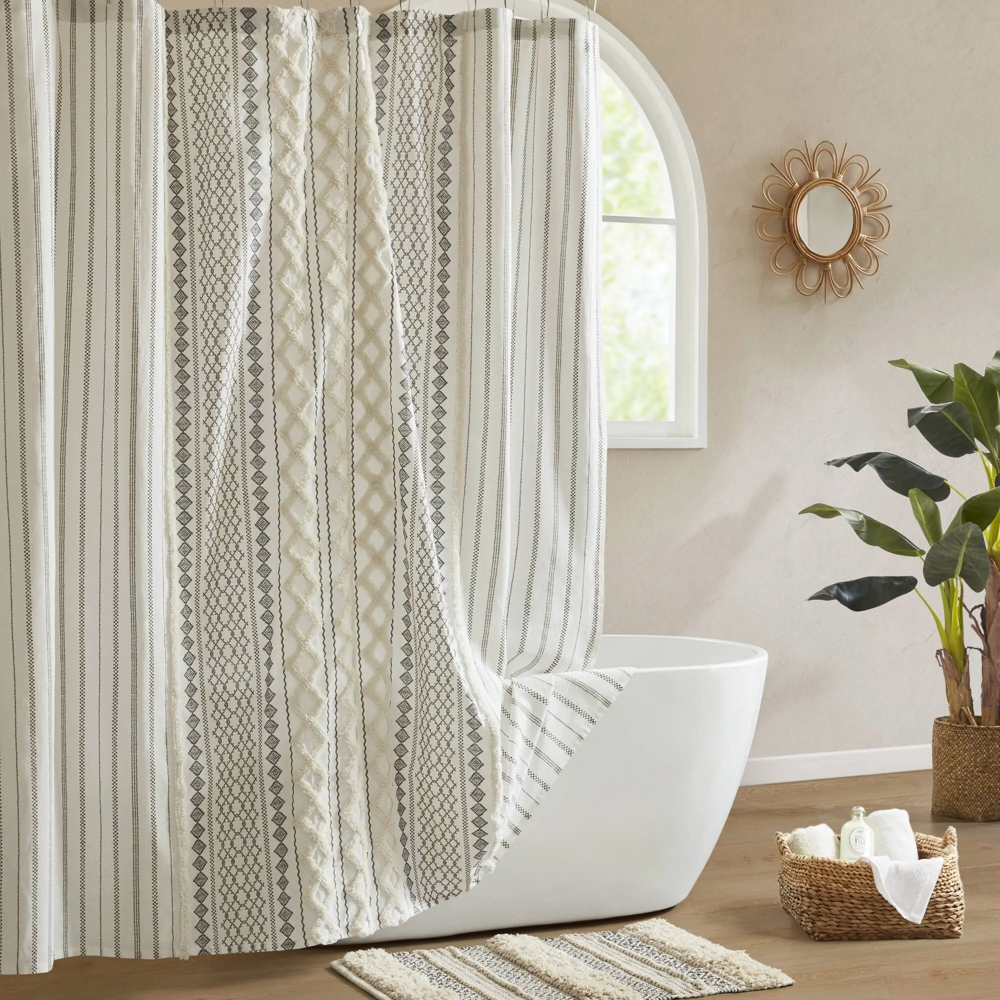 Nokaa 72x84 Inch Cotton Printed Shower Curtain with Chenille, Machine Washable Fabric Bath Curtain, Decorative Bathroom Shower Curtain with Chenille Texture, Standard Size Shower Curtain for Bathroom, 1 Piece