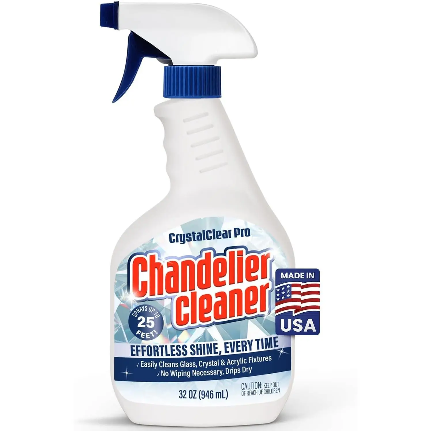 Chandelier Cleaner Spray, 32 oz — No Wipe Drip Dry Crystal Chandelier Cleaner for Glass, Crystal & Acrylic Light Fixtures, Streak-Free Shine, Sprays Up to 25 Ft, Fast Effortless Cleaning, Made in USA