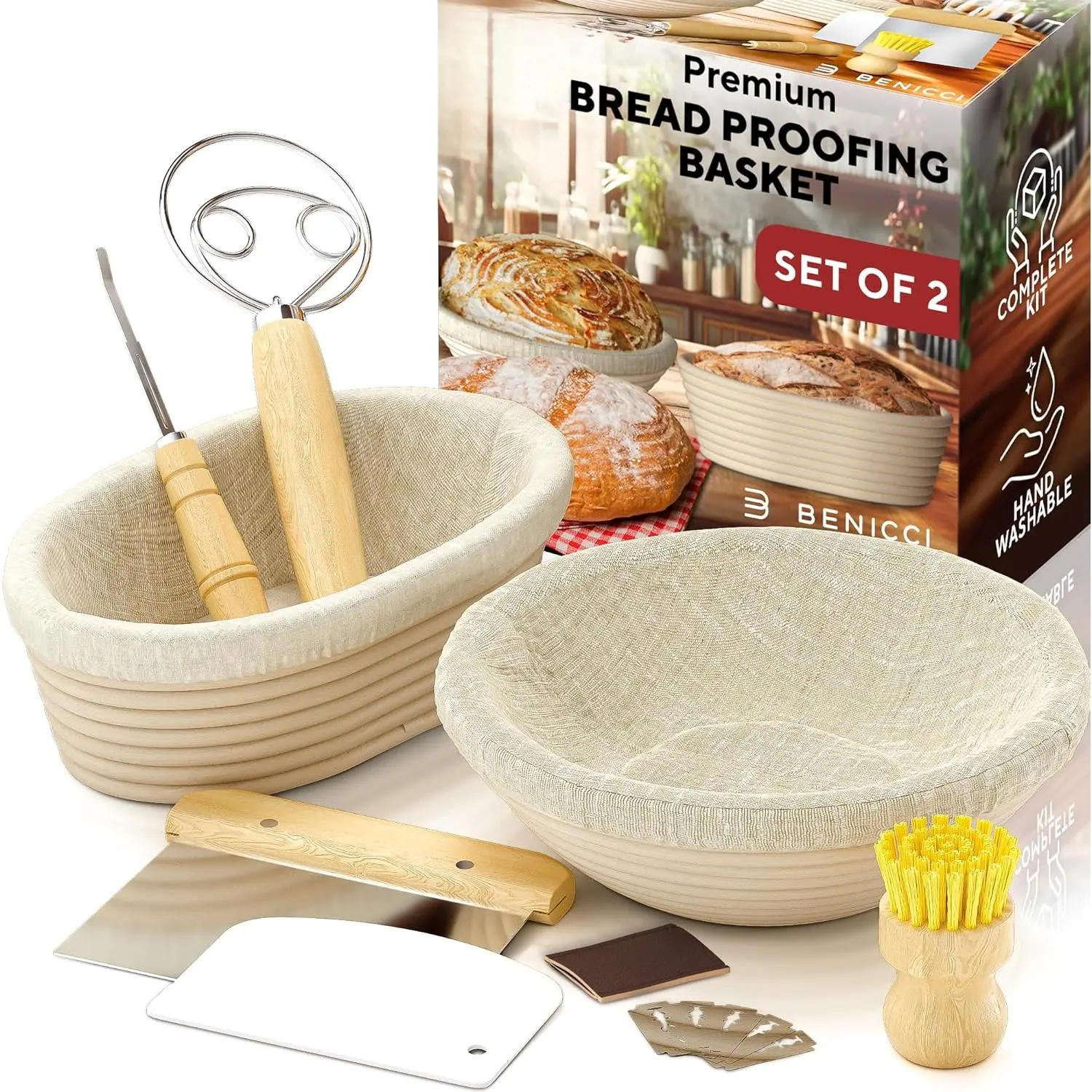 Premium Quality 2-Piece Bread Proofing Baskets Set - Home Baking Bakeware Kit for Sourdough, Includes 9" & 10" Banneton Baskets, Kitchen Utensils & All Needed Supplies, Ideal for Baking Enthusiasts