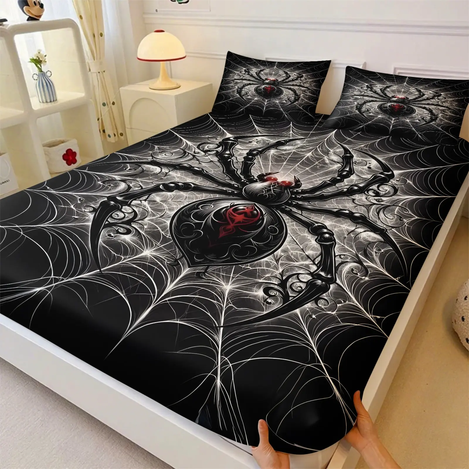3-Piece Set: Dark Spider Pattern Bedding Set, Spiderweb Print Fitted Sheet Set, Punk-Style Bedroom Decor; Suitable for Men's Bedrooms, Gothic Girls' Rooms, and Halloween-Themed Styling; Soft and Comfortable Microfiber (1 Fitted Sheet + 2 Pillowcases)