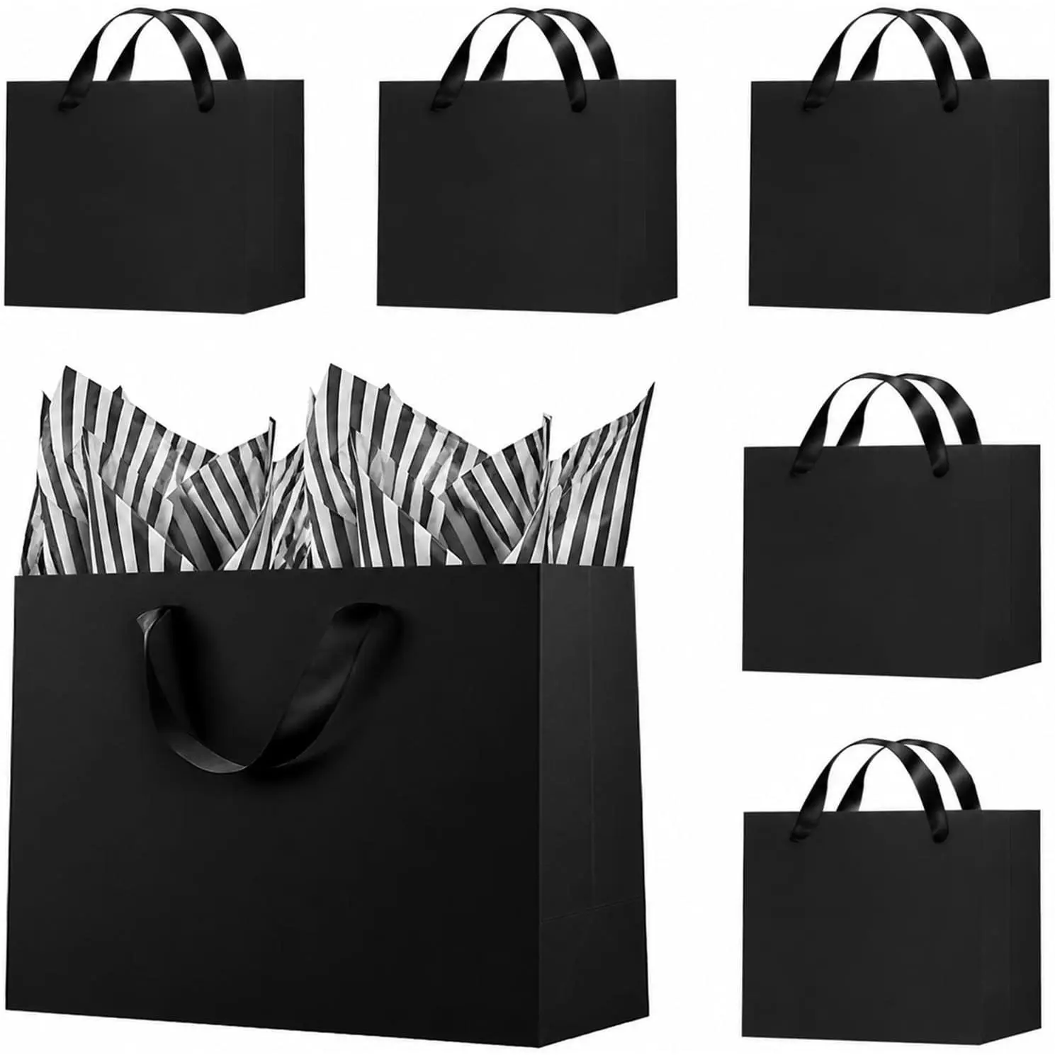 12 count Black  Bags with Stripe Tissue Small Bag 8.7x3.9x7.1in | 22x10x18cm Paper Bags for Shopping Wedding Birthday with Handle