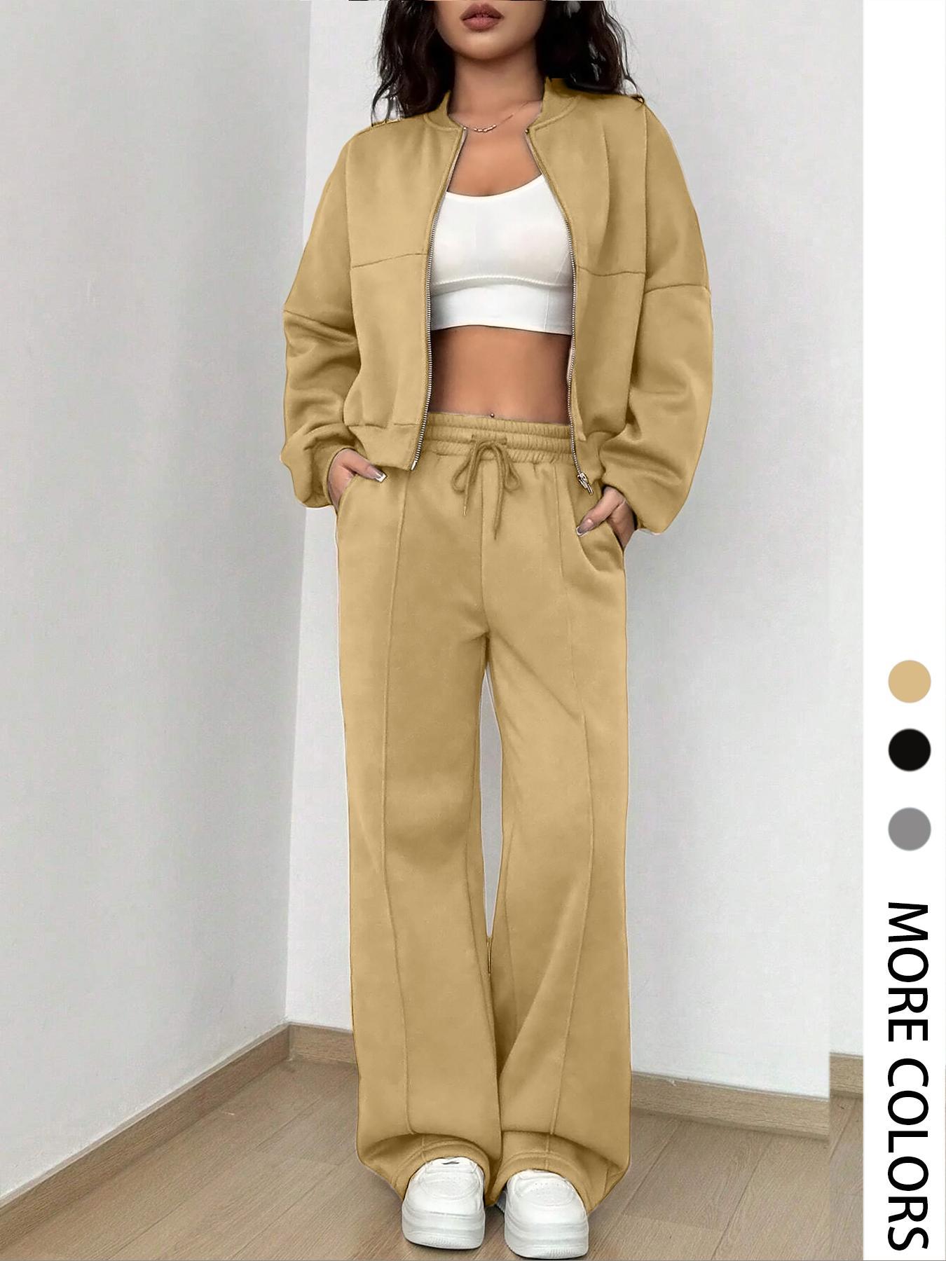Women's Solid Zip Up Crop Jacket & Drawstring Waist Pants Two-piece Set, Casual Fashion Drop Shoulder Long Sleeve Top & High Waist Trousers for Daily Outdoor Wear, Women's Clothing for Spring & Fall