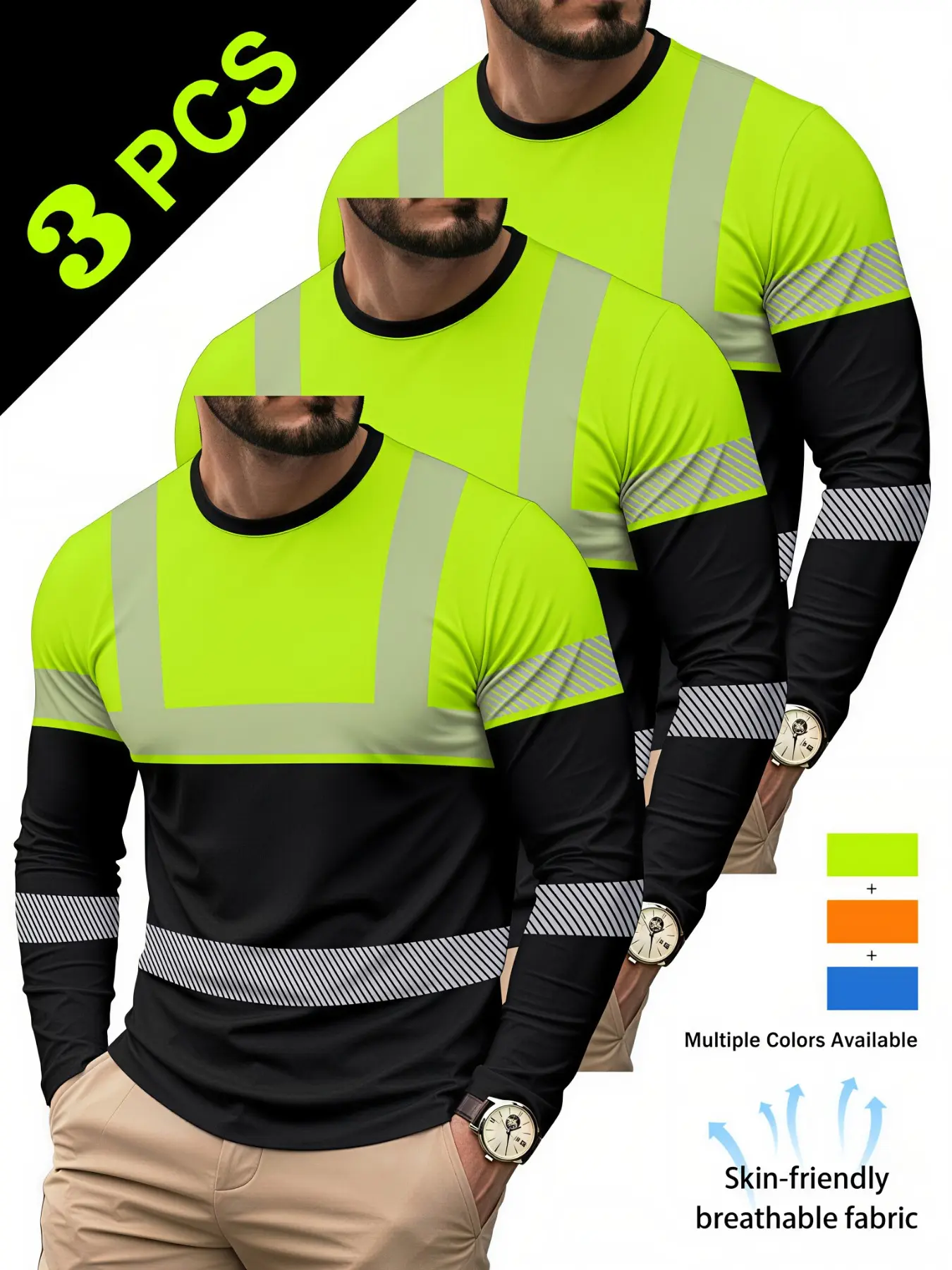 Generic Heavy Duty Workwear Work Tops, Soft Moisture-wicking Comfort Fit, Multi-color Hi-vis Reflective Long Sleeve Work Shirt 3PCS Set, Adult Workers for Warehouse Logistics Traffic Duty, Trending Bulk Purchase Mens High Visibility Uniforms