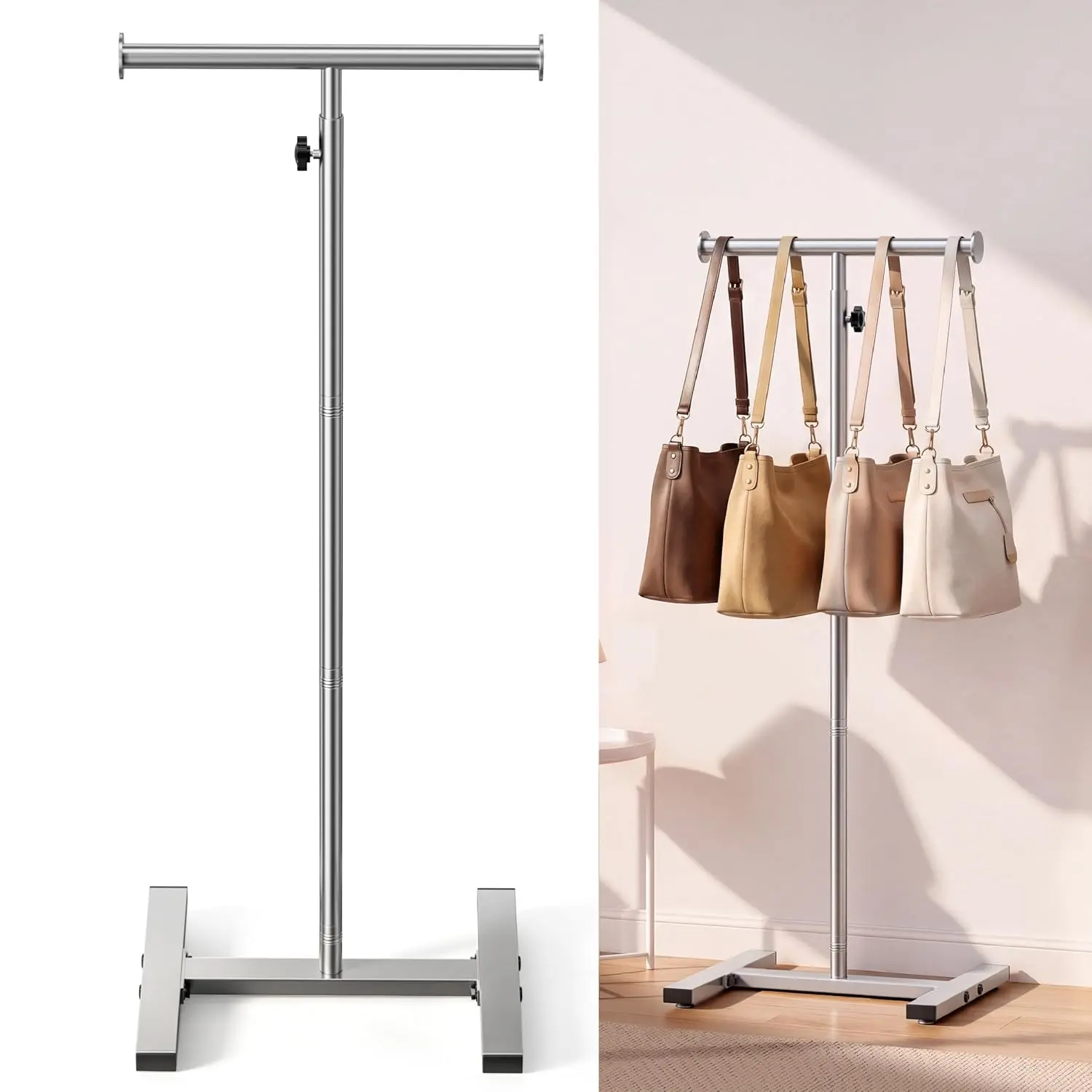 56" Shopping Bag Rack Stand, Adjustable Freestanding Tote Bag Display for Retail Store, Boutique, Entryway & Hallway, Holds Up to 22 lbs,  | 56" Bag Rack Stand Adjustable Height