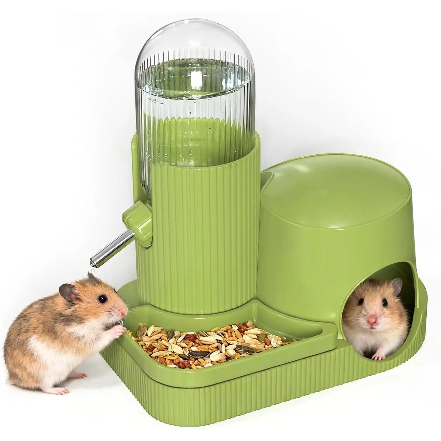 3 in 1 Hamster Water Bottle No Drip Automatic Water Dispenser with  Bowl Container & Hideout Base Hut for  Hamster  Rat Gerbils Mice Cage Accessories (Green)