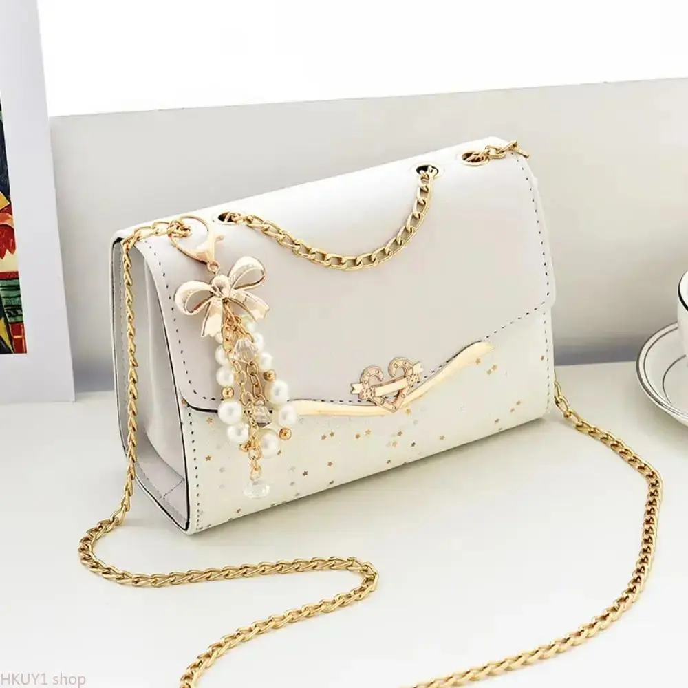 Fashionable Bling Bag for Women, Chic 2-Tone Glitter Star Faux Leather Crossbody Purse with Rhinestone Heart Buckle & Pearl Bow Charm, Chic Crossbody Purse, Crossbody Handbags