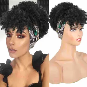 Natural Looking Afro Kinky Curly Headband Wig, Synthetic Turban Wig with Bangs for African Women