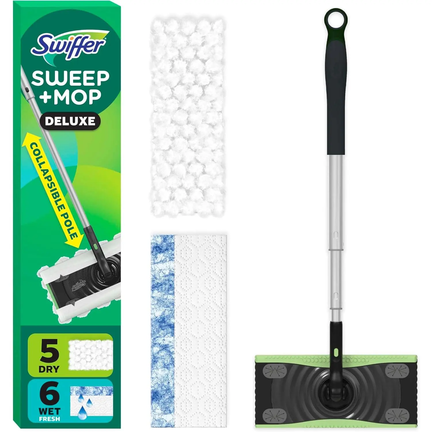 Deluxe 2-in-1 Multi-Surface Kit for Floor Cleaning| Includes 1 Sweeper Device (Collapsible).5 Heavy Duty Dry Sweeping Cloths.6 Heavy Duty Wet Mopping Cloths.Easy to Store