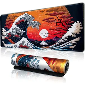 Japanese Sea Waves Large Gaming Mouse Pad for Desk, Desk Mat with Seamed Edges, Waterproof Desk Pad, Non-Slip Rubber Base, 24x14 Inch Keyboard Pad Computer Mat, Big XL Mousepad
