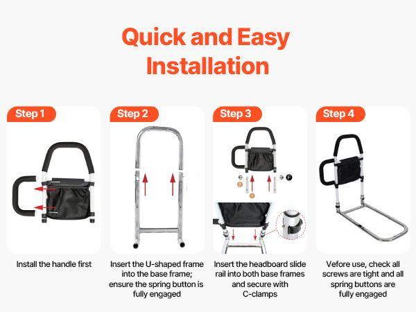 Bed Rail for Elderly, Bedside Assist Rails with Side Handle and PU Handrail, Adjustable Height Carbon Steel Pipe Bedside Cane, Bed Bars for Seniors & Patients, Fits King, Queen, Full, Twin