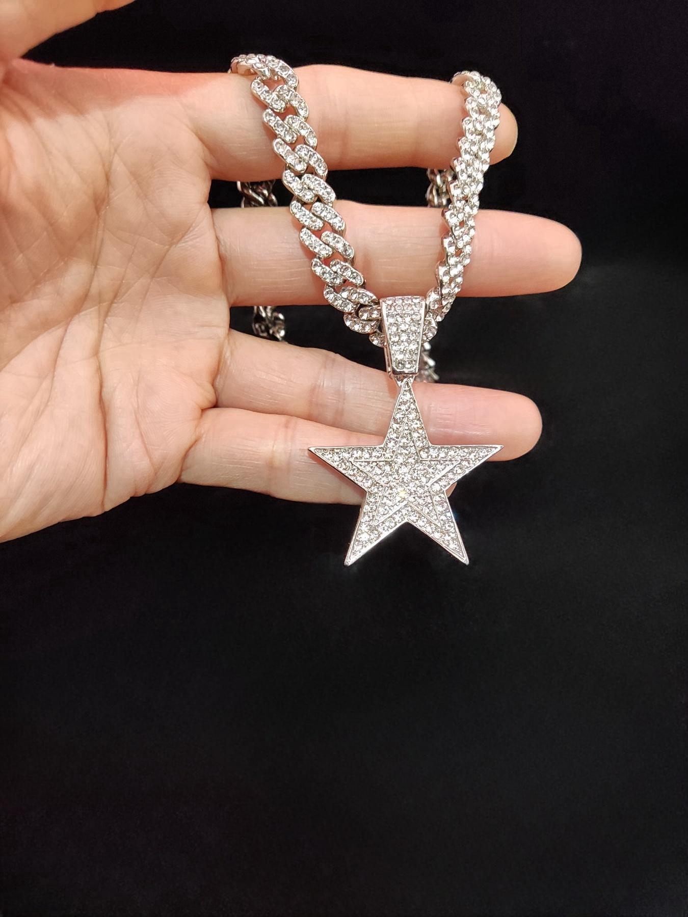 Star Shaped Pendant & 9mm Miami Cuban Link Design Chain Necklace, Fashionable Punk Style Jewelry for Party, Daily Decor, Trendy All-match & Exquisite Jewelry for Birthday Gift