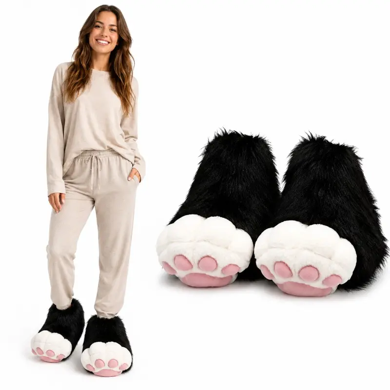 Fluffy Soft Black Cat Paw Slippers with Paw Toes, Cute Peppy Plush Animal Claw House Shoes, Oversized Cosplay Costume Footwear for Halloween, Indoor Use, Polyester Mix, Fluffy Fur, Cosplay Party, Cute Casual, Soft Furry, Indoor Wear, Black &Amp; White