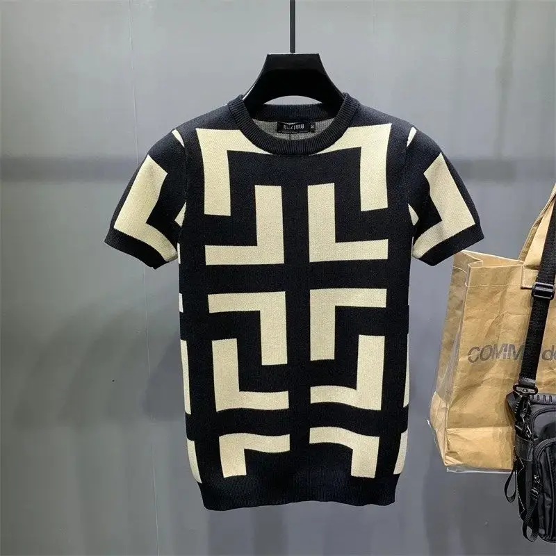 Short-sleeved Sweater for Men Slim Large Size Jacquard Sweater Half-sleeved Youth Stretch Sweater Handsome Half-sleeved