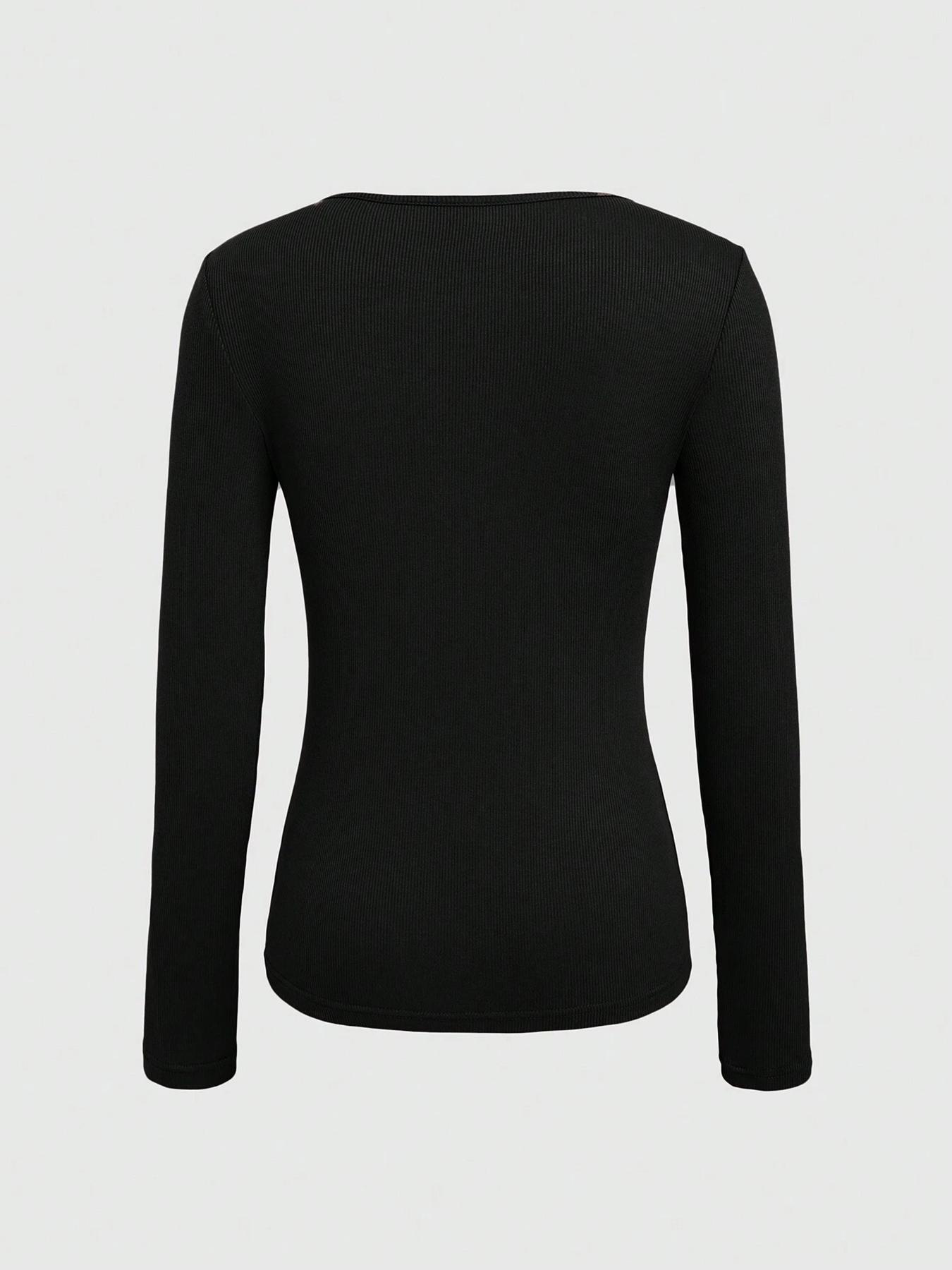 Women's Plain Cut Out Round Neck Ribbed Slim Tee, Elegant Long Sleeve Crew Neck T-shirt for Spring & Fall, Women's Top for Daily Wear