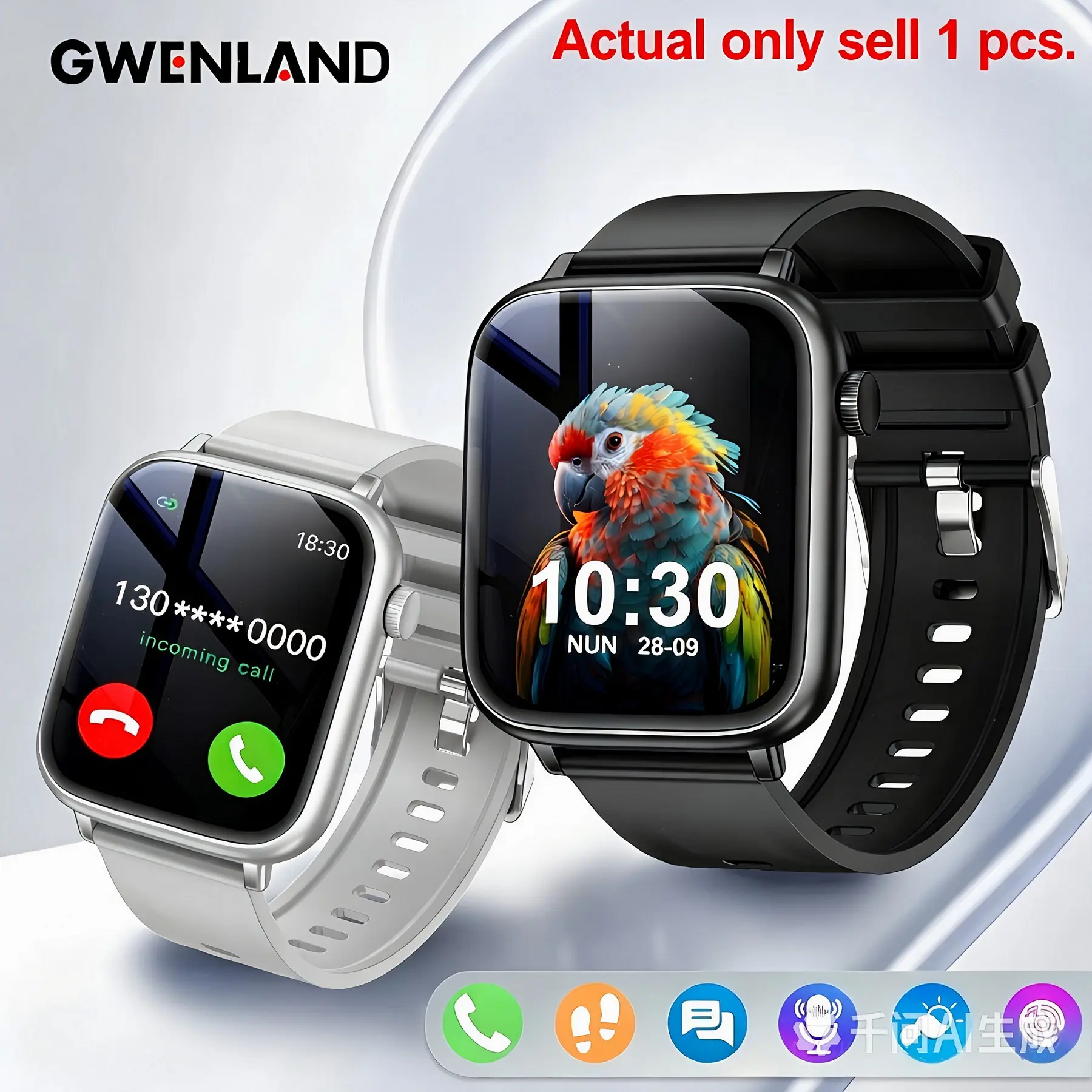 Gwenland Smart Watch for Men and Women, Casual Style, Alarm, Pedometer, Call, 100+ Sports Modes, Silicone Strap, HD Call and Voice Function