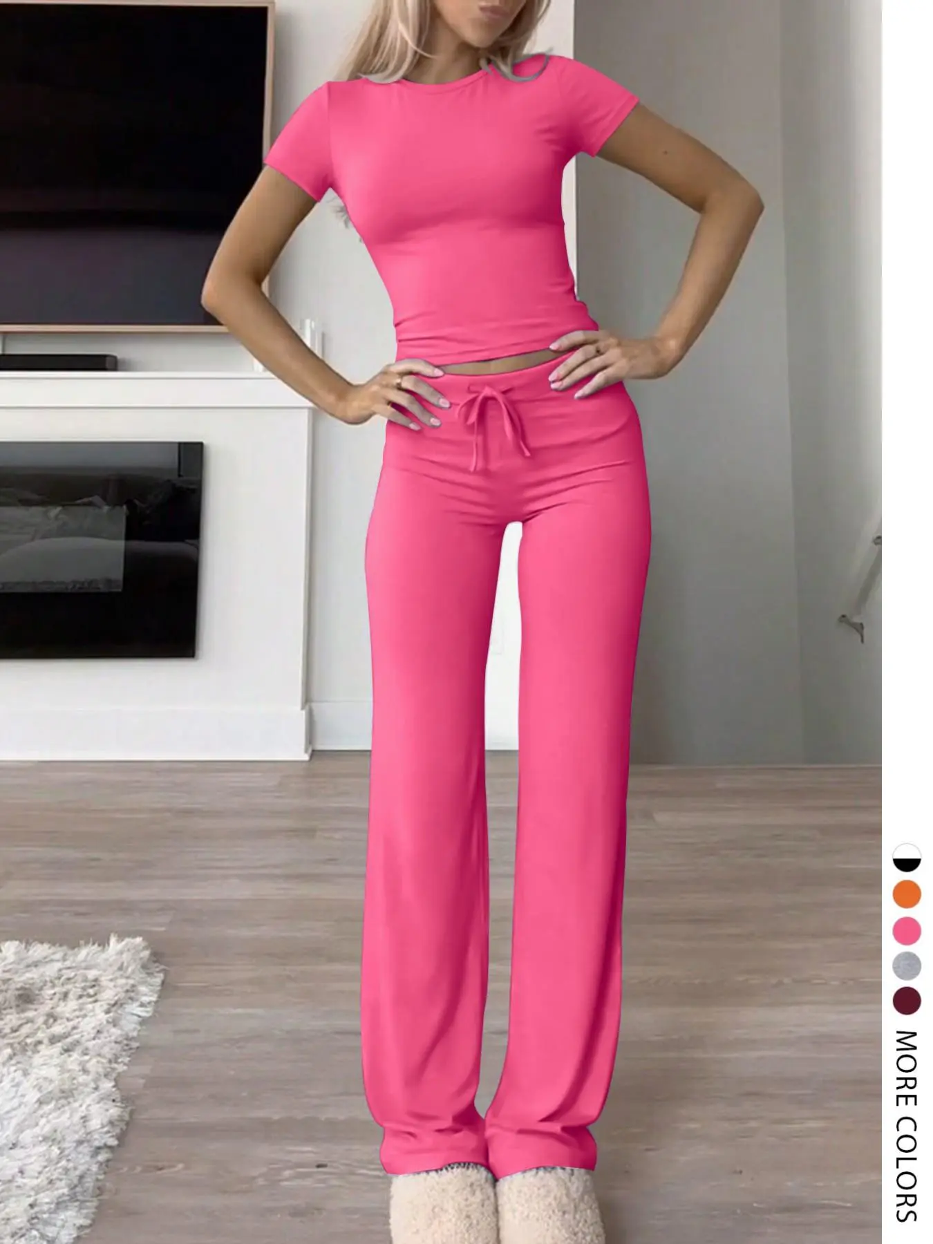Lw Home Women's Fashion Casual Solid Color Round Neck Short Sleeve T-Shirt and Adjustable Drawstring Pants Set, Summer, Perfect for Home Wear, Womenswear