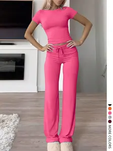 Lw Home Women's Fashion Casual Solid Color Round Neck Short Sleeve T-Shirt and Adjustable Drawstring Pants Set, Summer, Perfect for Home Wear, Womenswear