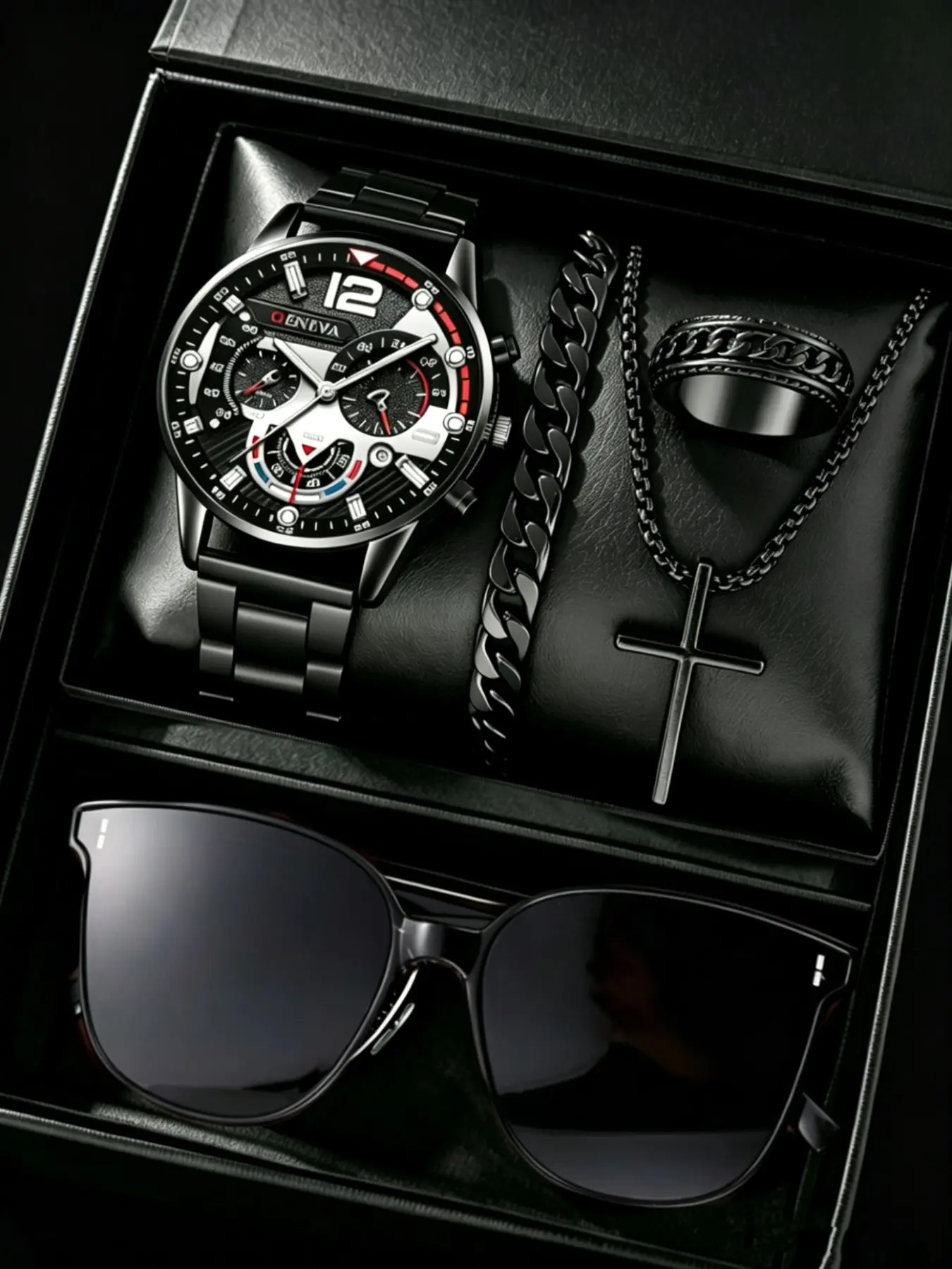 Men's Fashion Quartz Watch Set with Sunglasses, Necklace, Bracelet, Ring, Gift Box, Ideal for Business Casual, Birthday, Father's Day