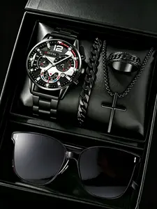 Men's Fashion Quartz Watch Set with Sunglasses, Necklace, Bracelet, Ring, Gift Box, Ideal for Business Casual, Birthday, Father's Day