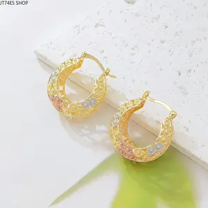 Multi-Color Carved Hollow Coin Hoop Earrings for Ladies, Stone Paved C Type Ear Hoops Polished Metal Ear Ornaments Suitable for Multi-Scene Daily Outfits
