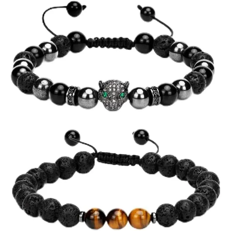 Hematite Bracelet for Men, Ideas  for men , Black Series Design  Stone Beaded Bracelets, Mens Bracelet Set 8MM,  Birthday/Christmas Gifts for men accessories, Emo Beads bracelet, Tiger Eye Stone Lava Rock Black Obsidian Link Bracelet