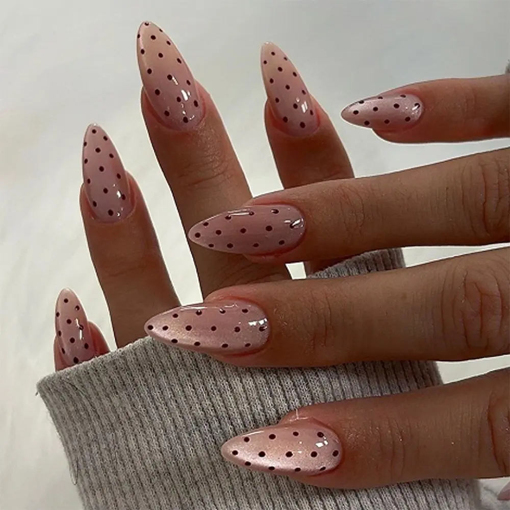 24pcs Almond Shape Nude Polka Dot Cat Eye False Nails, Removable Half Handmade Manicure, Includes Nail File and Jelly Glue, Nail Art Set, Almond Nail Tips, Decorative Nails