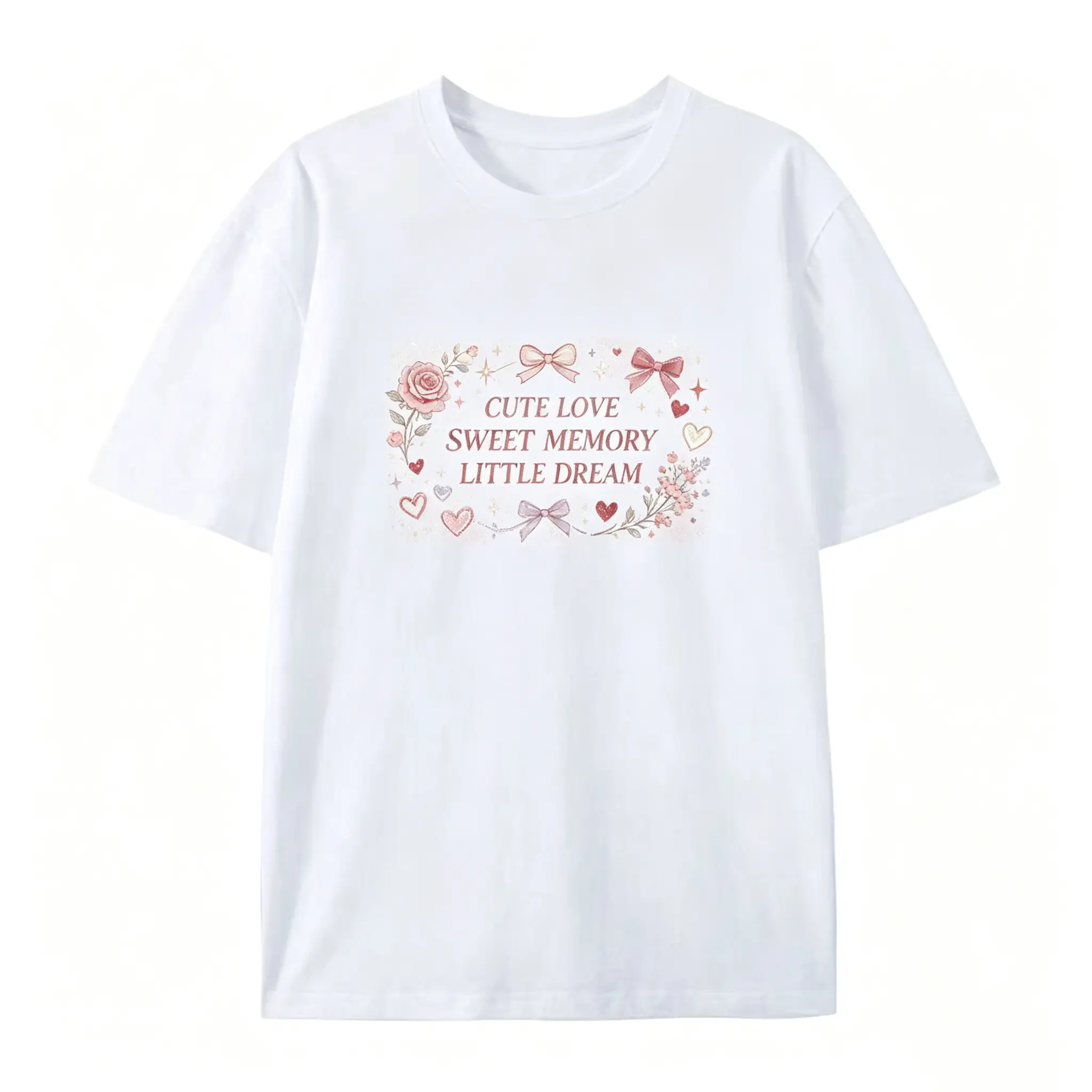 Cute Love Graphic Tee – "Cute Love Sweet Memory Little Dream" Pink Rose & Bow Knot Design with Hearts, Kawaii Romantic Cotton Shirt, SummerVibes Perfect Gift For Girlfriend, Best Valentine Outfit, Soft Feminine Print Top