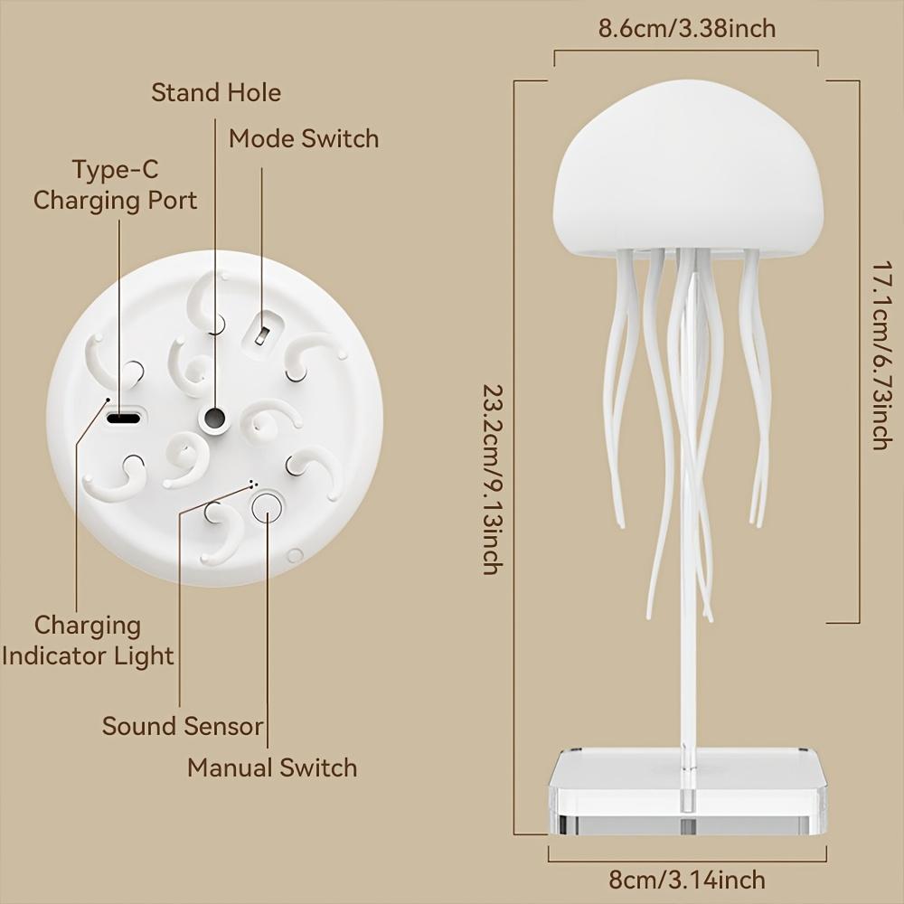 A Contemporary LED Lamp Designed Like a Jellyfish, Featuring Voice Control, a 2000Mah Lithium Battery, Full-Color Gradients, And Realistic Tentacles. It Offers an Extended Battery Life And Can Be Used As a Freestanding Or Hanging Decoration for Your