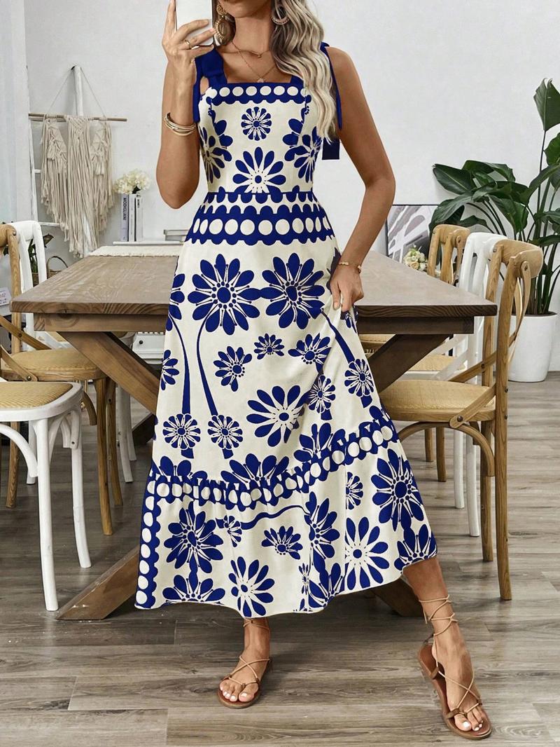 Women's Floral Print Tie Shoulder Dress, Casual Bohemian Sleeveless, Boho Sleeveless Dress for Beach Holiday Vacation, Ladies Summer Clothes