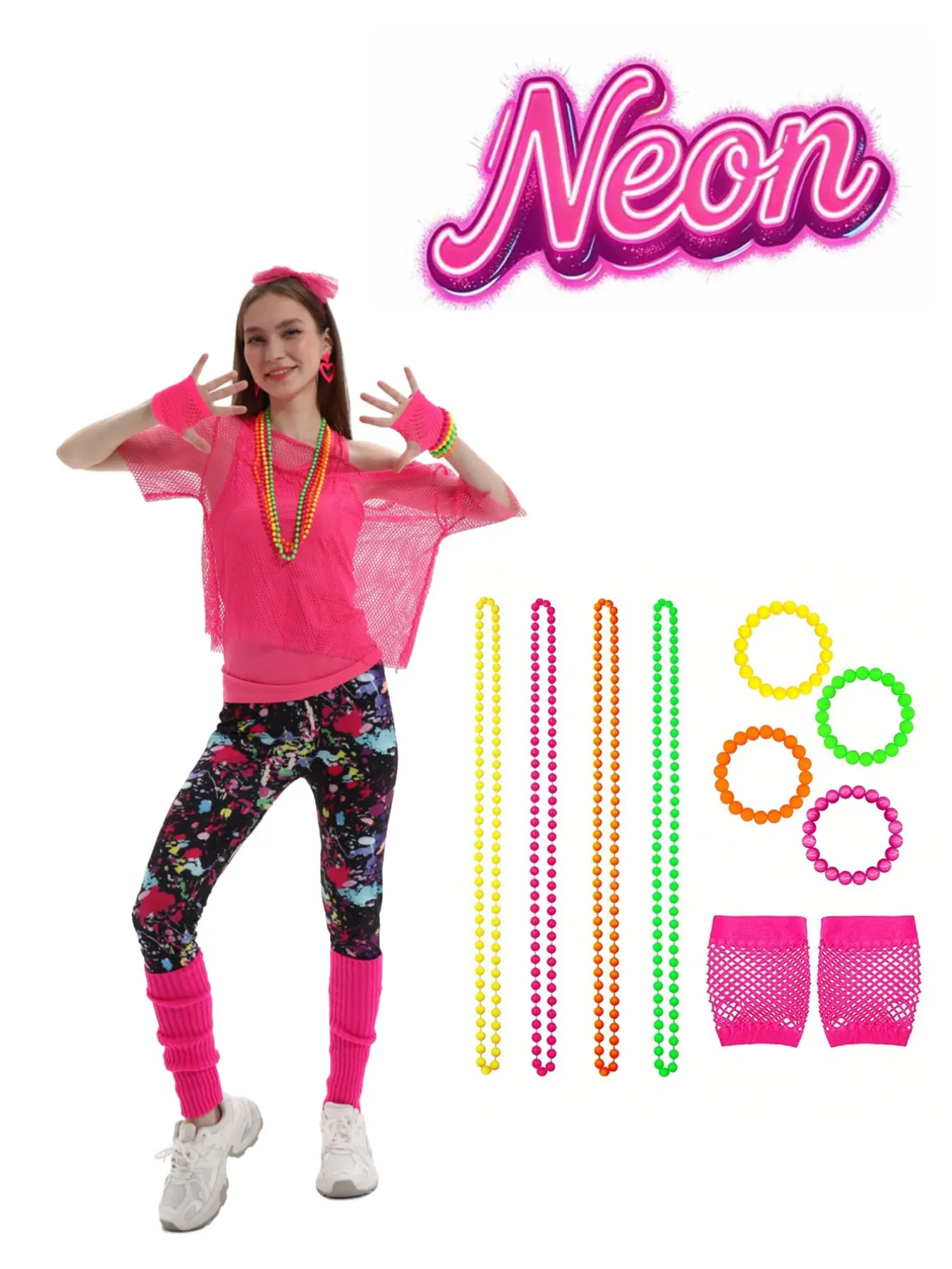 80s Neon Party Accessories Set, Party Supply, Retro Fluorescent Style, 4 Beaded Necklaces, 4 Bracelets, 1 Mesh Gloves Y2K Retro Rave Outfit Accessories for Music Festival Carnival Halloween Themed Fancy Dress Party