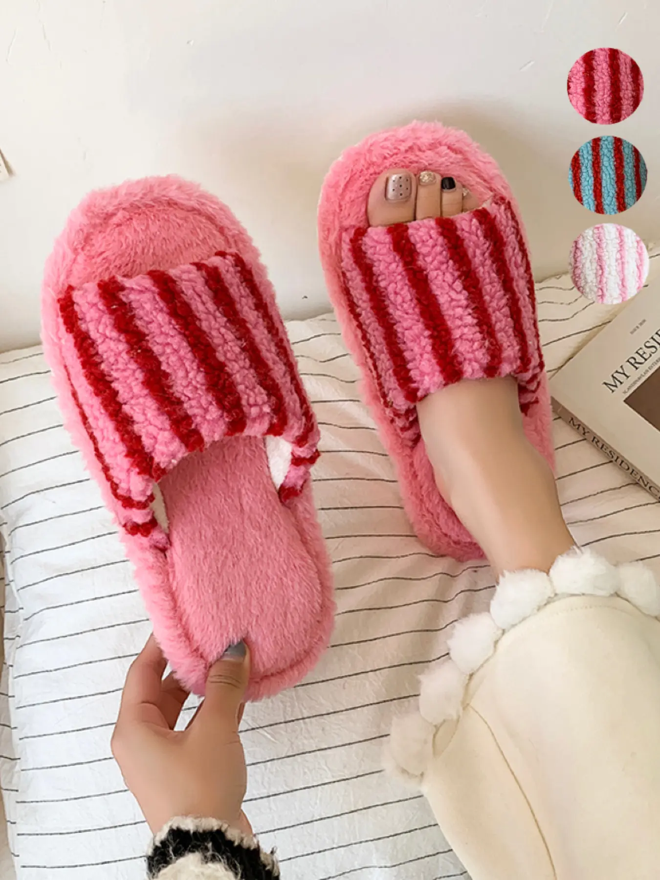 Women Striped Fuzzy Open‑Toe Slide House Slippers, Color‑Block Stripe Plush Textile Upper, Soft Flat Non‑Slip Sole, Lightweight Cozy Bedroom Slippers, Cute Sweet Loungewear Footwear, All‑Season Indoor Slippers for Bedroom Dorm Home Relax