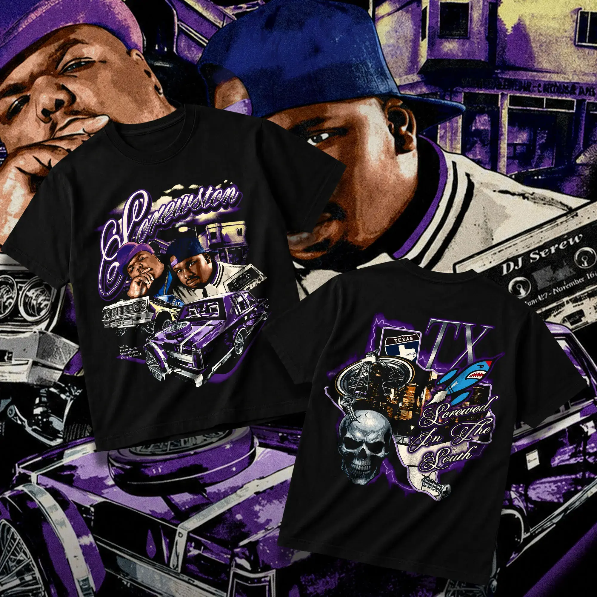 Men's Cotton Breathable Graphic Print Short-Sleeve Crew Neck T-Shirt - Double-Sided DJ Screw Screwston TX, Screwed Up Click Houston 713 Hip Hop, Medium Length, Machine Washable Menswear Top