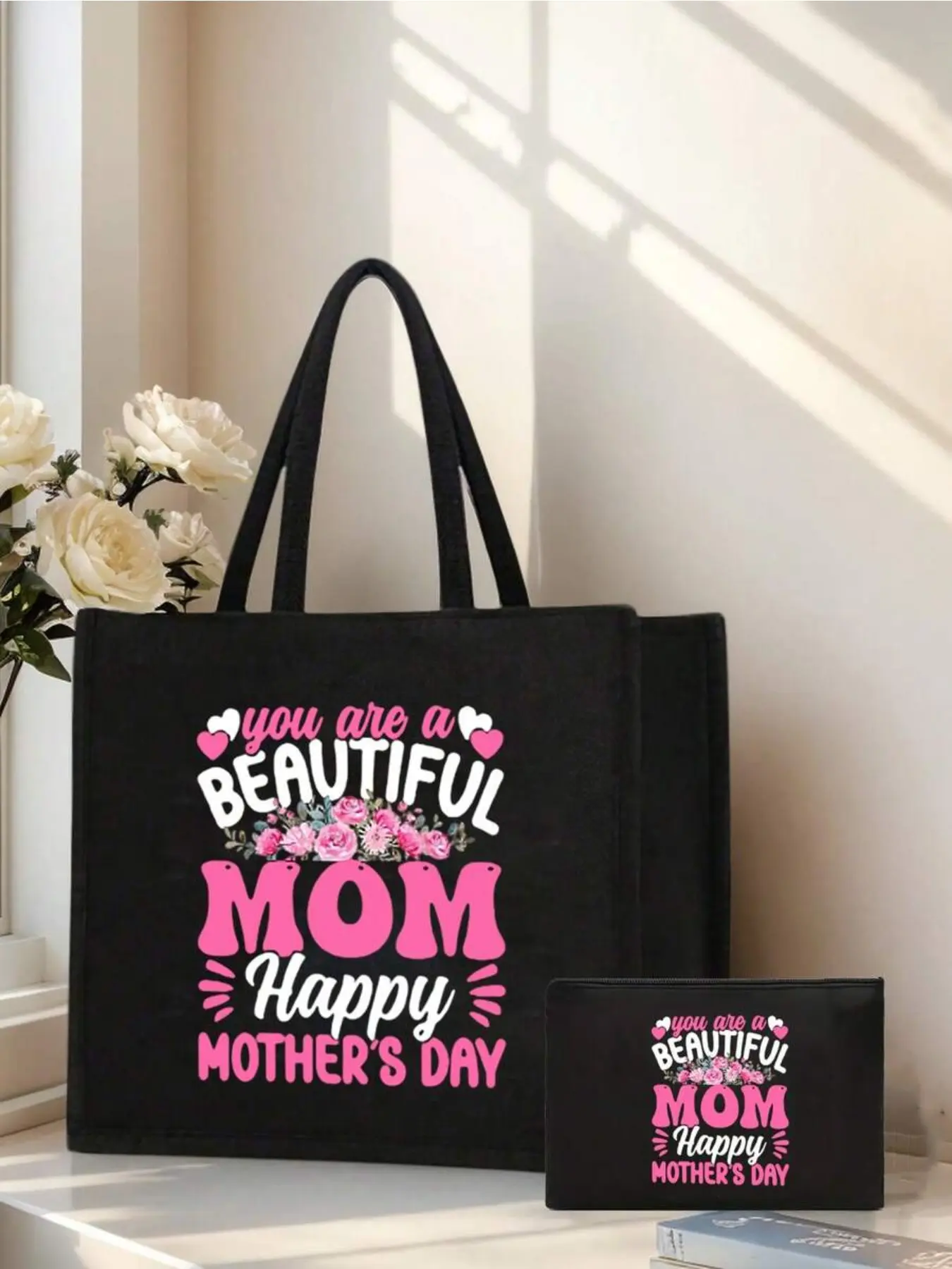 You are a beautiful mother "handbag and matching bag set, multifunctional reusable Mother's Day canvas bag, portable shopping bag, yellow linen bag