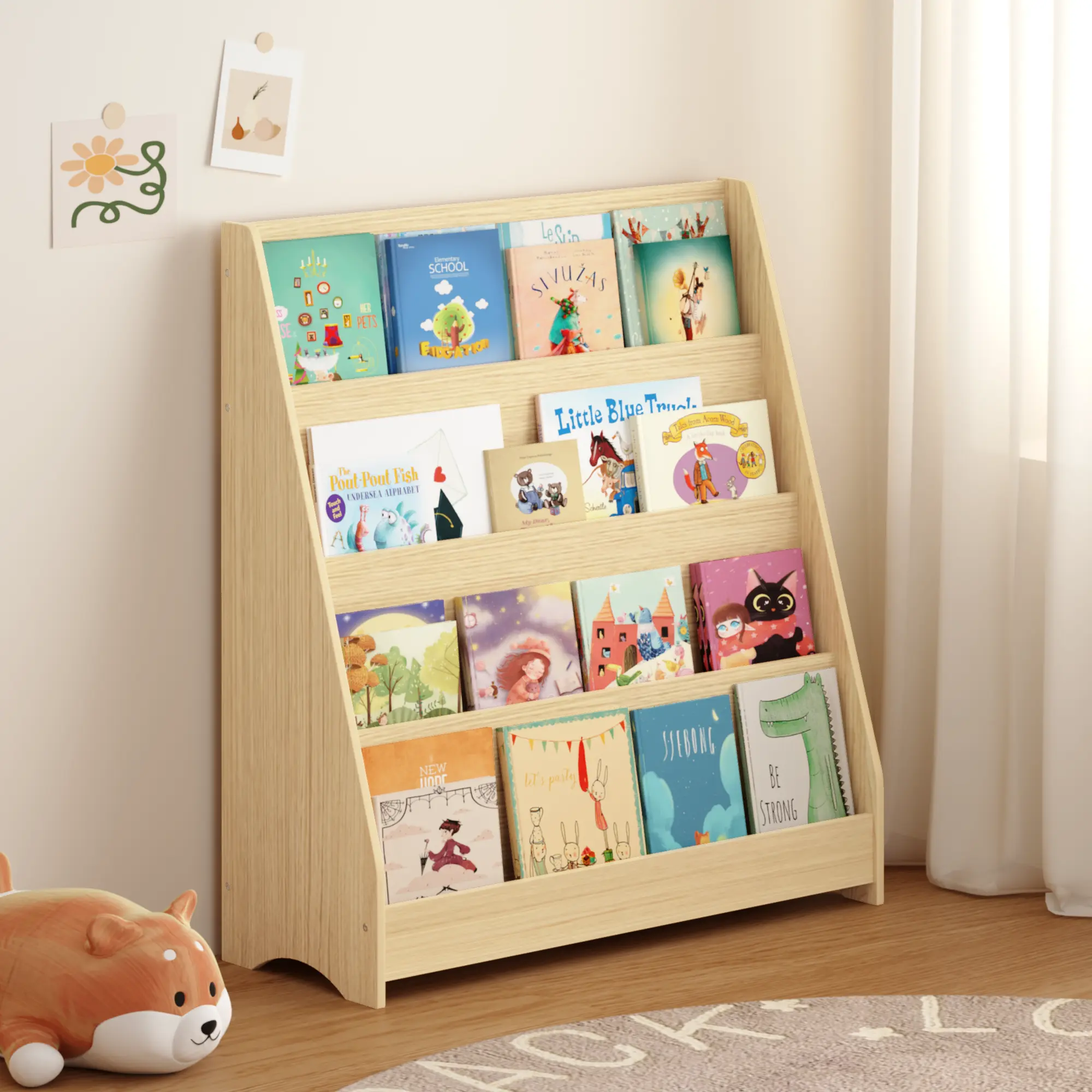 ARCH 4-Tier Front-Facing Kids Bookshelf, Natural Wood Children's Bookcase Organizer with Compact Footprint, Assembly Required, Sturdy Nursery Storage Rack for Bedrooms, Classrooms, Children's Spaces, Home Furniture, Wooden, Four Tiers