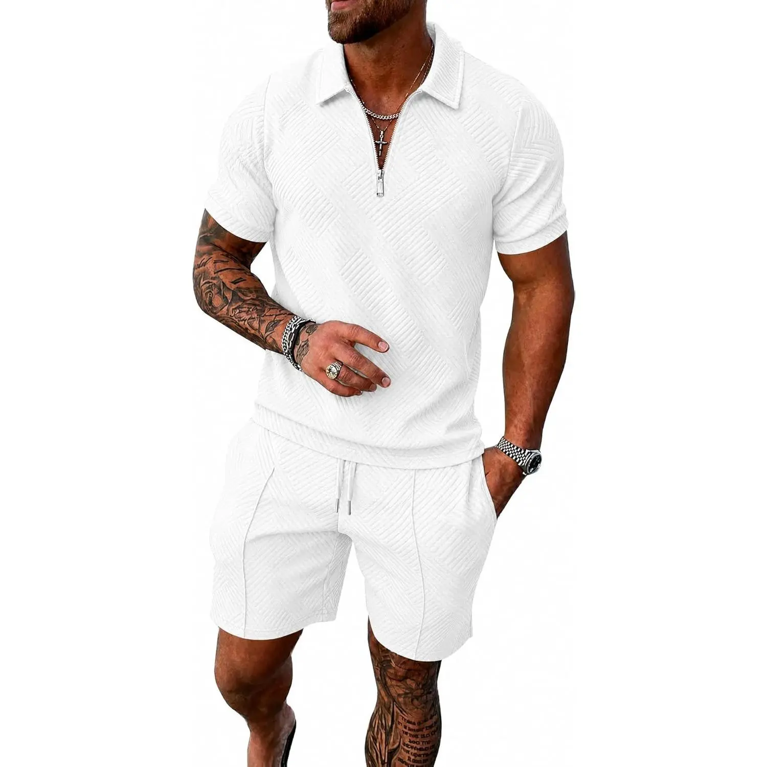 Men's 2-Piece Short-Sleeve Tapered Shorts Set - Zip Polo Shirt, Fashion Elastic Breathable Polyester Spandex Fabric, Modern Muscle-Fit Menswear, Gym Sporty Casual Summer Tracksuit with Pockets