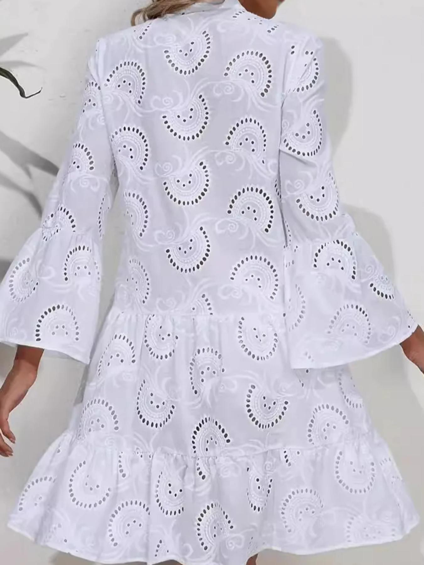 Plain Eyelet Embroidery Notched Neck Long Sleeve Smock Dress, Elegant Flounce Sleeve Button Dress for Vacation Holiday, Women's Clothes for All Seasons