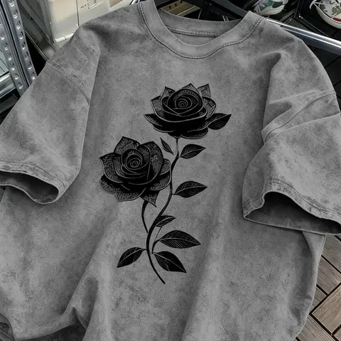 Unisex Y2K Flower Print Washed Cotton Short Sleeve T-Shirt, Casual Fashion Top, Comfortable Summer Wear