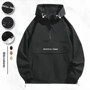 Men's Hooded Half Zip Jacket Street Style Trendy Fabric Letter Print Hooded Drawstring Half Open Front Large Pocket Loose Fit Oversized Casual Commuting Outdoor Trendy Versatile Statement Piece pocket half zipper mens hoodie jacket coat outdoor clothing s