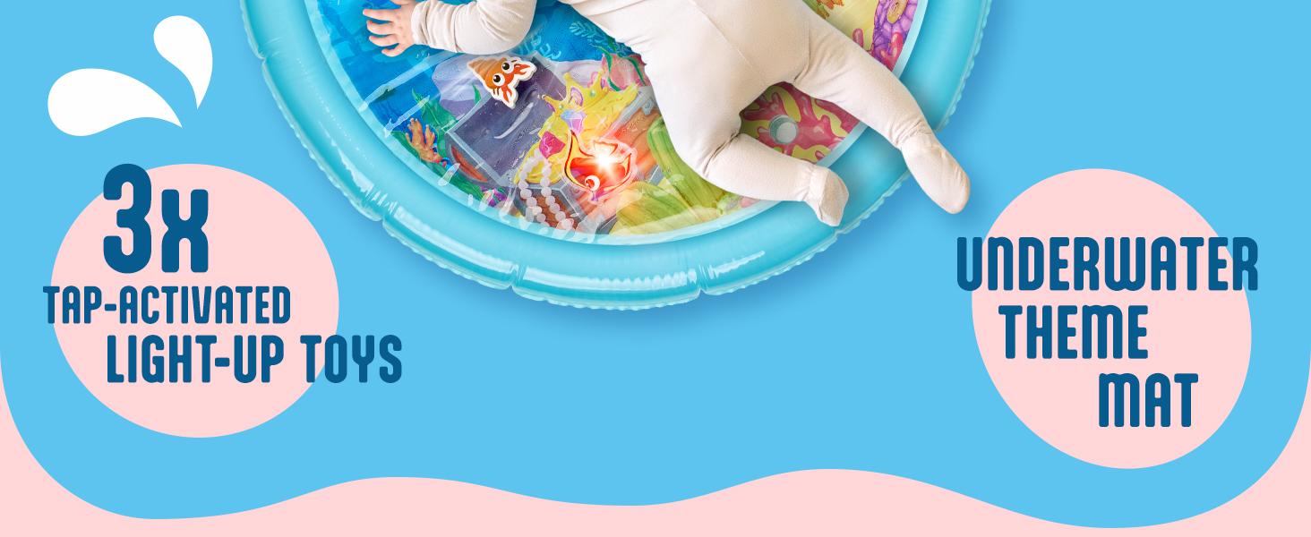 Lights Up Tummy Time Water Mat for Babies, 30" X-Large Baby Water Mat Tummy Time for Sensory with LED Glowing Fishes, Inflatable Fun Pad for Infants Toddlers 3 to 36 mo