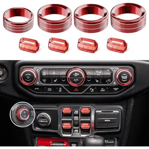 8PCS Metal Button Knob Cover for Jeep Wrangler JL JLU 2018-2025 2026 & Gladiator JT Accessories Window Switch Button Cover Volume Radio Air Conditioner Headlight Switch Knob Cover (Red)