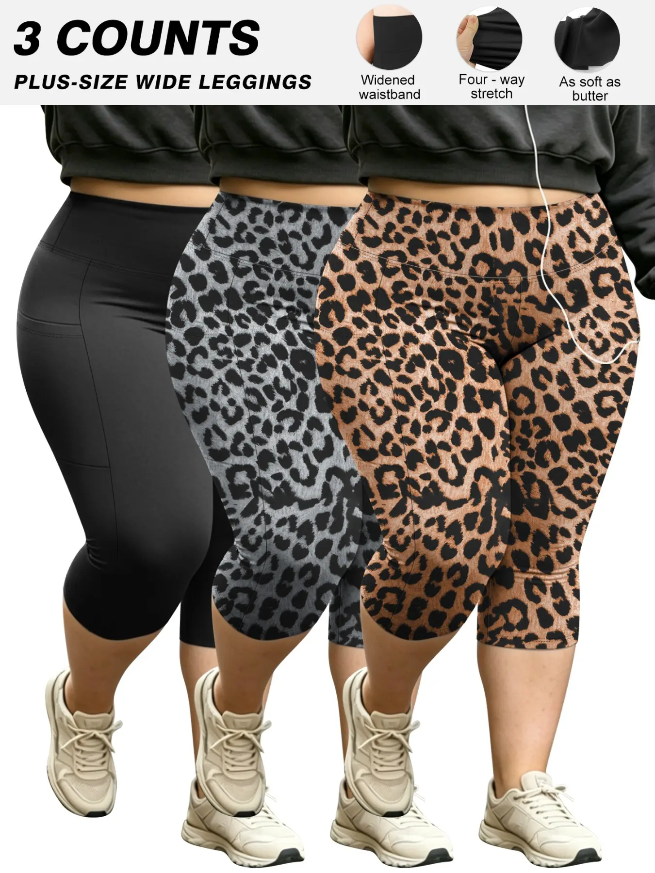 3 Pack Plus Size Leggings with Pockets for Women - Black High Waisted Tummy Control Soft Yoga Pants for Gym Workout Leopard Print Leggings Athleisure Gym Clothes